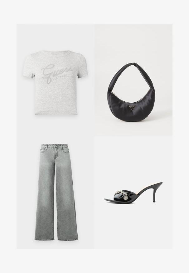 T-shirt gris à manches courtes avec texture côtelée, arborant un logo "Guess" argent métallique et le texte "EST 1981" en police cursive.; Jeans en denim gris à jambes larges, dotés de cinq poches, d'une taille haute et d'une finition légèrement délavée avec des coutures visibles.; Mule à talon haut en cuir verni noir avec bout ouvert et breloques argentées décoratives comprenant une fleur et un cadenas sur la bride avant.; Sac à main en satin noir avec une forme courbée, doté d'une fermeture à glissière et d'un logo triangulaire en métal à l'avant. Texture lisse et design épuré.