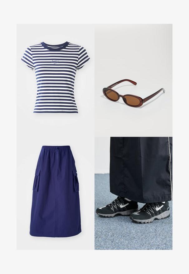 Gestreiftes T-Shirt in Marineblau und Weiß, Baumwollmischung, kurze Ärmel, runder Ausschnitt, mit kleinem gesticktem Nike-Logo auf der Vorderseite.; Marineblaue, knielange Rock mit elastischem Bund, der über zwei seitliche Cargotaschen und ein minimales Logodesign verfügt. Glatte Stoffoberfläche.; Schwarze Sportschuhe mit einer strukturierten Oberseite, silbernen Akzenten und einer gemusterten Außensohle, kombiniert mit einem schwarzen langen Kleidungsstück. Auf einem blauen Teppich drapiert.; Runde, braun getönte Sonnenbrillen mit einem glänzenden burgunderfarbenen Rahmen. Schlanke Bügel mit dezentem Branding. Flaches Linsendesign.
