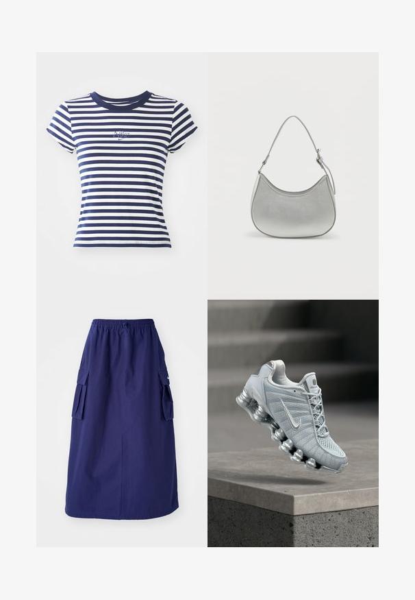 Camiseta de rayas azul marino y blanca, mezcla de algodón, con mangas cortas y cuello redondo, que presenta un pequeño logo de Nike bordado en el frente.; Falda azul marino de longitud media con una cinturilla elástica, que presenta dos bolsillos laterales tipo cargo y un detalle de logotipo minimalista. Textura de tela suave.; Zapatilla de running Nike de color gris claro con suela acolchada tipo muelle flotando sobre un borde de hormigón, fondo con escaleras desenfocadas.; Bolso de mano de imitación cuero plateado con forma curva, correa corta ajustable y textura suave, que presenta un detalle de costura minimalista.