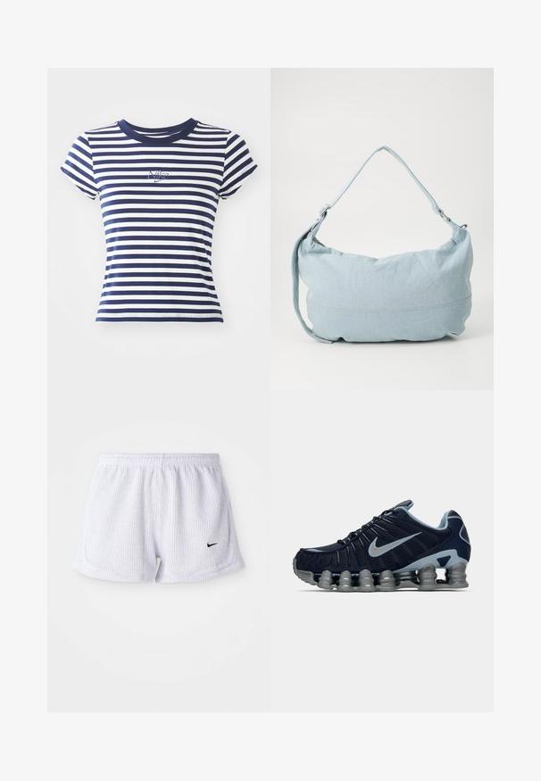Camiseta de rayas azul marino y blanca, mezcla de algodón, con mangas cortas y cuello redondo, que presenta un pequeño logo de Nike bordado en el frente.; Bermudas deportivas blancas con costillas, cinturilla elástica y pequeño logo negro de Nike en la parte inferior izquierda. Diseño simple y minimalista.; Zapatilla deportiva azul oscuro y plateada con suela segmentada y acolchada, y el logo de Nike en plata en el costado, mostrada en perfil derecho sobre un fondo blanco.; Bolso de hombro de denim azul claro con forma redondeada, correa ajustable y un sutil detalle de costura en el borde inferior. Textura suave.