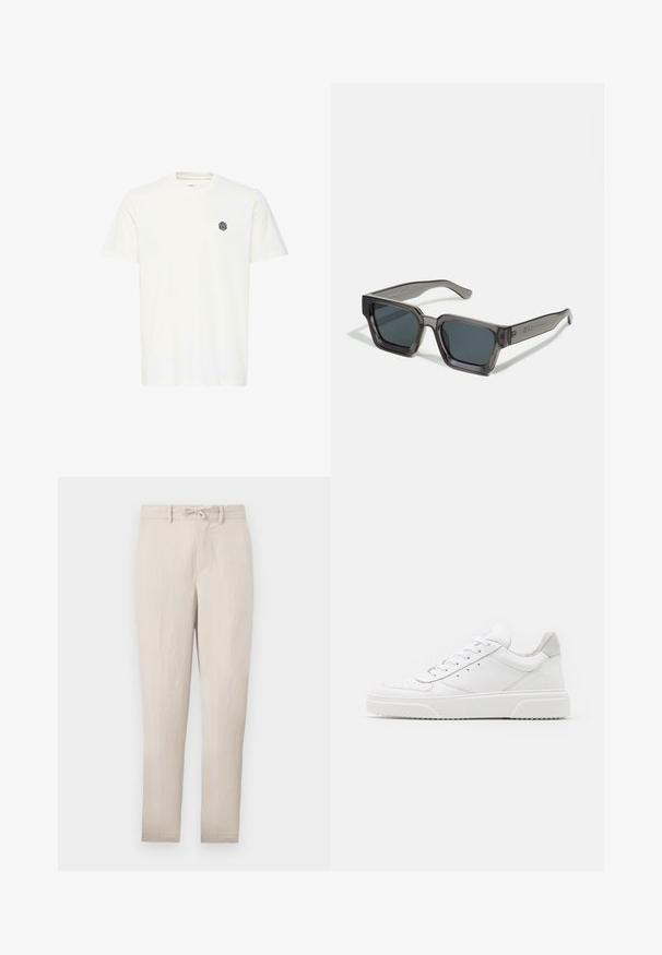 Camiseta de algodón blanca de manga corta, con un pequeño logo geométrico negro en el lado izquierdo del pecho. Corte recto y escote redondo.; Pantalones tapered ligeros en color beige con cintura ajustable, frontales lisos y mínimas arrugas. Presentan pasadores para cinturón y bolsillos laterales.; Zapatillas de cuero blanca con un acabado suave, punta redondeada, cordones planos y una suela texturada. Acento de ante gris en el talón.; Jack & Jones JACPETER SUNGLASSES UNISEX - Gafas de sol - grey