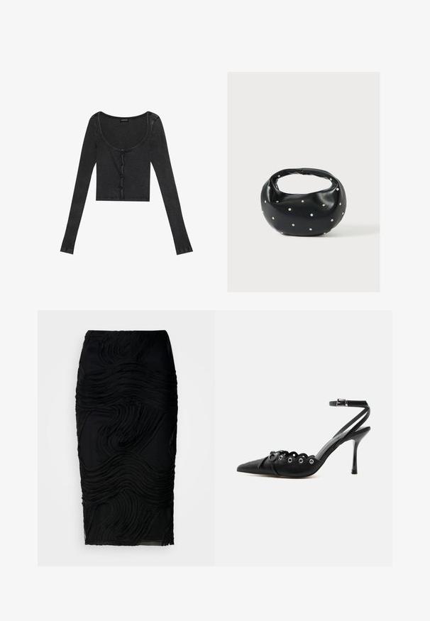 Zwarte geribbelde lange mouwen cropped top met een ronde halslijn, een bevestiging met knopen aan de voorkant en een gestructureerde stof. Bevat subtiele verticale strepen.; Zwarte kokerrok tot op de knie met verhoogde golfachtige textuurpatronen en een aansluitende silhoutte.; Zwarte pumps met hoge hak en spitse neus, gegolfde randen, metalen oogjes, vetergespsluiting aan de voorzijde en enkelriem met gespsluiting.; Zwarte leren handtas met een afgeronde vorm, versierd met zilveren studs, en een korte handgreep. Gladde textuur en ritsluiting.