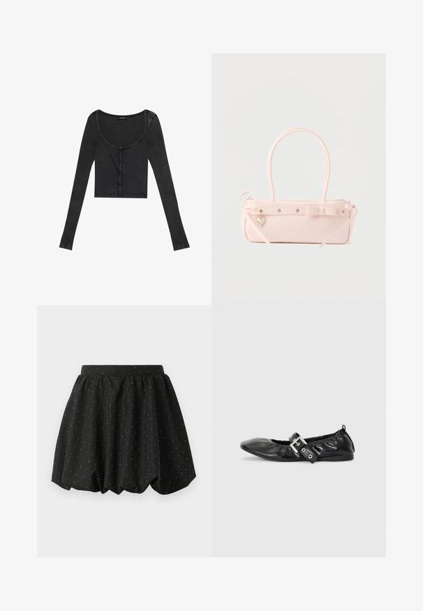 Sort ribbet langærmet cropped top med en scoop halsudskæring, knaplukning foran og tekstureret stof. Har subtile lodrette striber.; Sort bubble nederdel med elastisk talje og hvid prikket mønster. Lavet af letvægtsstof, med et voluminøst design og buet kant.; Sorte læder flade sko med spids tå, samling detaljer omkring åbningen, og en sølv spænde accent på den justerbare rem.; Lyserød rektangulær håndtaske med dobbelte håndtag, dekorativ sløjfe, metalnitter og lille hjerteformet vedhæng på en ensfarvet baggrund.