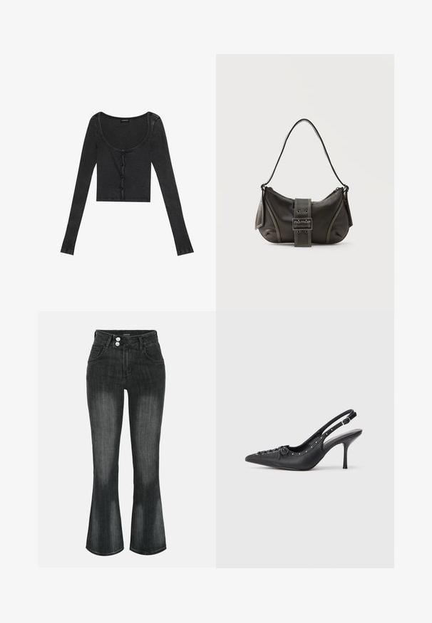 Sort ribbet langærmet cropped top med en scoop halsudskæring, knaplukning foran og tekstureret stof. Har subtile lodrette striber.; Sort vasket denim jeans med høj talje, dobbelt knaplukning, forlommer og let udvidede ben.; Sorte læder slingback stiletto med spids tå, side spændebånd, nitter langs kanten og dekorativ snøring foran.; Sort læder skuldertaske med spænde på remmen, afrundede kanter og kontrasterende hvide syninger på en ensfarvet baggrund.