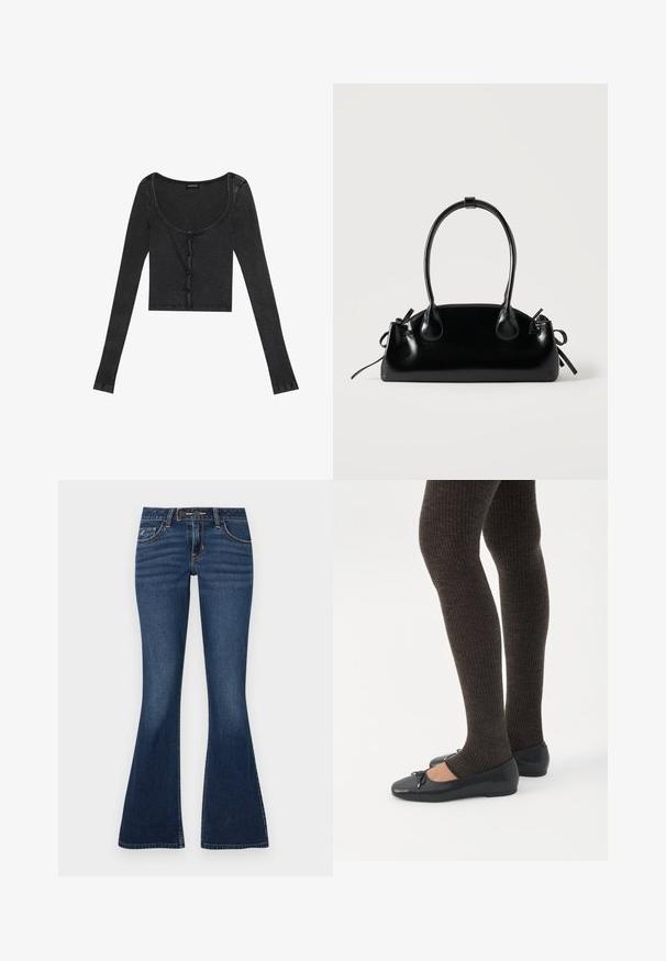 Sort ribbet langærmet cropped top med en scoop halsudskæring, knaplukning foran og tekstureret stof. Har subtile lodrette striber.; Flared jeans i mørkeblå denim med et klassisk fem-lomme-design, kontrastsyninger og lynlås med knaplukning.; Ben iført mørke ribbede leggings kombineret med sorte balletsko med små sløjfedetaljer på hvid baggrund.; Lille sort blank håndtaske med to lange håndtag og snøre-detaljer i siden på en ensfarvet lys baggrund.