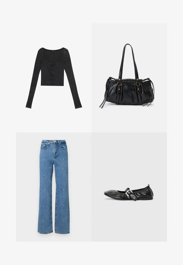 Schwarzes, geripptes, langärmliges Crop-Top mit einem runden Ausschnitt, vorderer Knopfverschluss und strukturiertem Stoff. Mit dezenten, vertikalen Streifen.; Blaue, hoch taillierte Straight-Leg-Jeans mit kleinen, weißen Blumenstickereien, die über den Stoff verteilt sind.; Schwarze Leder-Ballerinas mit spitzem Zehenbereich, gerafften Details am Schaft und einem silbernen Schnallenakzent am verstellbaren Riemen.; Schwarze Lederhandtasche mit runder Form, doppelten Griffen, dekorativen Hardware-Details und seitlichen Bindebändern. Glatte, glänzende Textur.