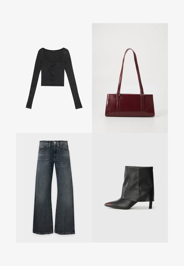 Schwarzes, geripptes, langärmliges Crop-Top mit einem runden Ausschnitt, vorderer Knopfverschluss und strukturiertem Stoff. Mit dezenten, vertikalen Streifen.; Dunkel gewaschene Jeans mit weitem Bein, leichter Ausbleichung an den Oberschenkeln, klassischem Fünf-Taschen-Design und sichtbaren Nähten, flach auf weißem Hintergrund ausgebreitet.; Schwarzer Knöchelstiefel aus glattem Leder mit spitzer Zehenpartie und schmalem Absatz. Das Obermaterial zeichnet sich durch ein leicht gerafftes Design aus.; Burgunderfarbene Handtasche aus glänzendem Material, rechteckige Form, mit zwei Schulterriemen und subtilen, geschwungenen Akzenten an der Vorderseite.