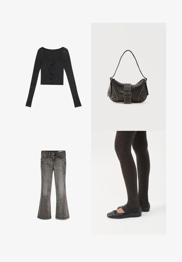 Sort ribbet langærmet cropped top med en scoop halsudskæring, knaplukning foran og tekstureret stof. Har subtile lodrette striber.; Udsvingende jeans i falmet sort denim med en let glans. Har fem lommer og kontrastsyninger langs kanterne.; Ben iført mørke ribbede leggings kombineret med sorte balletsko med små sløjfedetaljer på hvid baggrund.; Sort læder skuldertaske med spænde på remmen, afrundede kanter og kontrasterende hvide syninger på en ensfarvet baggrund.
