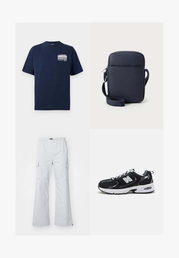 Camiseta de algodón navy con cuello redondo. En la parte frontal presenta un gráfico blanco con el texto "Giochi Invernali" en un diseño rectangular. Manga corta.; Pantalones cargo gris claro con un corte holgado, cintura elástica, bolsillos laterales y piernas anchas. Fabricados en suave tela de algodón con detalles de costura mínimos.; Zapatillas deportivas en negro y gris con parte superior de malla y ante, que cuentan con una entresuela blanca, cordones y un llamativo logo "N" en el lateral.; Bolso cruzado azul marino hecho de tela texturizada, con cierre de cremallera, correa ajustable y logo en relieve en la parte frontal.