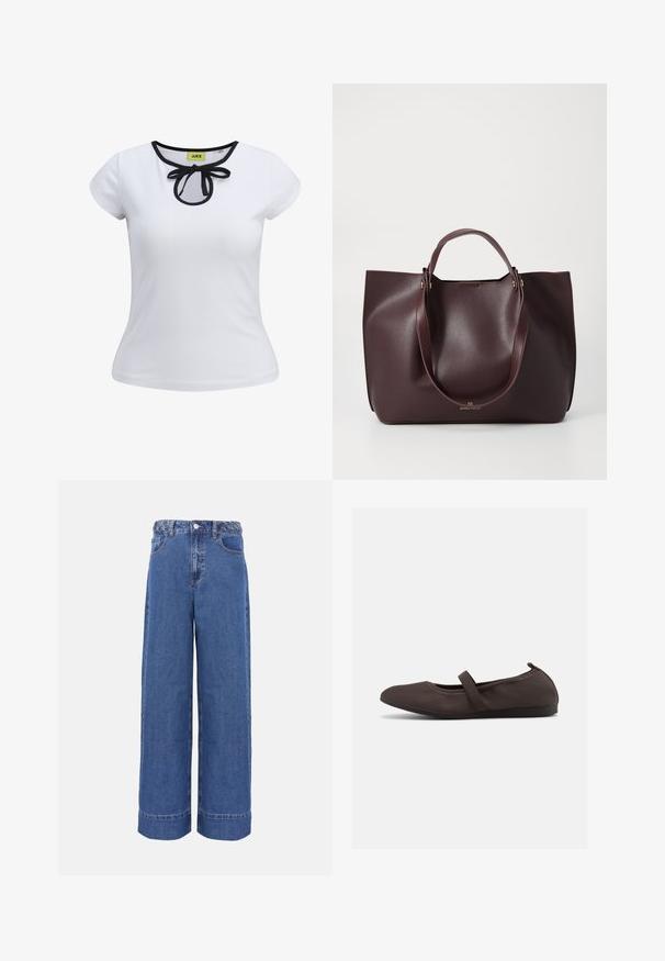 Witte korte mouwen T-shirt met een zwarte rand rond de halslijn en een strikdetail in het midden. Gemaakt van gladde katoenstof.; Blauwe denim jeans met wijde pijpen, gevlochten tailleband, knopen aan de voorkant en zakken, weergegeven op een effen achtergrond.; Bruine ballerinaschoen met elastische band en ronde neus, getoond op een witte achtergrond, zijaanzicht.; Bordeaux leren tote bag met een soepele textuur, twee stevige handvatten en een minimalistisch ontwerp. Bevat subtiele details in goudkleurige hardware.
