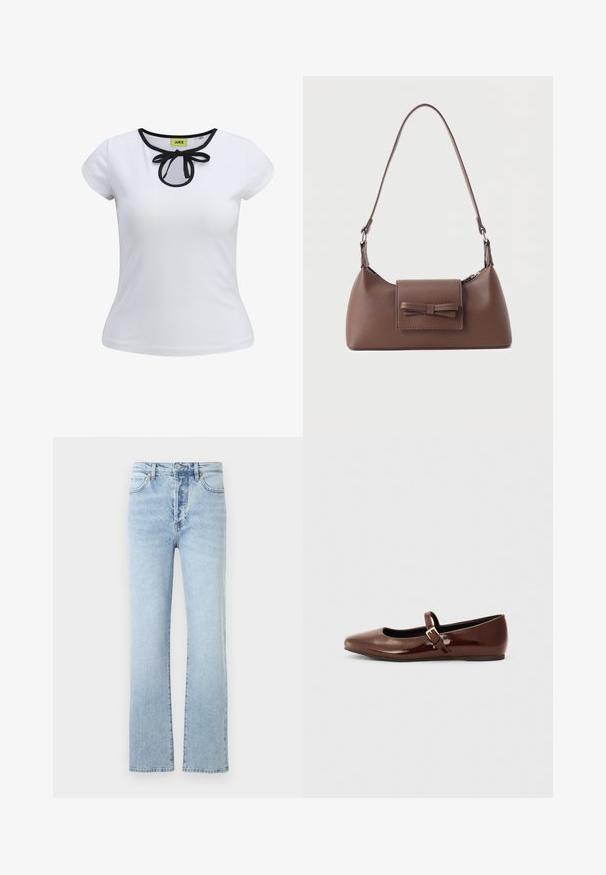 Witte korte mouwen T-shirt met een zwarte rand rond de halslijn en een strikdetail in het midden. Gemaakt van gladde katoenstof.; Lichtblauwe denim jeans met een rechte pijp, voorzien van een hoge taille, klassiek vijf-pocket ontwerp en subtiele vervaging.; Bruine gepatineerde leren balletschoen met een vierkante neus en een bandje met een kleine gouden gesp. Gladde textuur, lage hak en minimalistisch ontwerp.; Bruine leren schoudertas met een voorvak met klep en een gestikte strikdetail en een verstelbare band.
