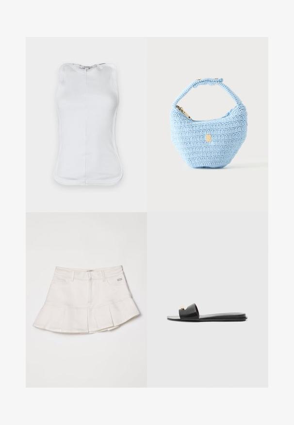 Biely bezrukávový top vyrobený z rebrovanej bavlny, s priliehavým strihom, zaobleným výstrihom a viditeľným švom po stranách.; Biely denim sukňa s priliehavým pásom a rozšíreným plisovaným lemom. Obsahuje predné vrecká a malý detail loga na páse.; Čierne šľapky s širokým zvrškom, hladkou koženou textúrou, otvorenou špičkou a zlatým akcentom na remienku. Ploché podrážky.; Malá svetlomodrá háčkovaná kabelka s krátkym ramienkom a zlatým zipsom, vystavená na jednoduchom svetlom pozadí.