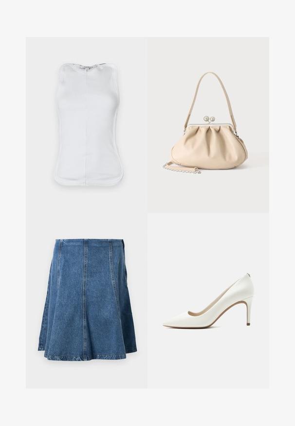 Hvid ærmeløs top lavet af ribbet bomulds-materiale, med et figursyet design, rund udskæring og synlige sømme langs siderne.; Denimnederdel i mellemblå med en udsvinget form, har synlige syninger, en talje og en kant, der svagt bølger i bunden.; Hvidt læder spidst stiletto hæl med slank høj hæl og glat finish, vist fra siden på en ensartet lys baggrund.; Beige blød læderhåndtaske med en sølv metalramme-lukning, enkelt skulderstrop og en valgfri kæderem på en hvid baggrund.