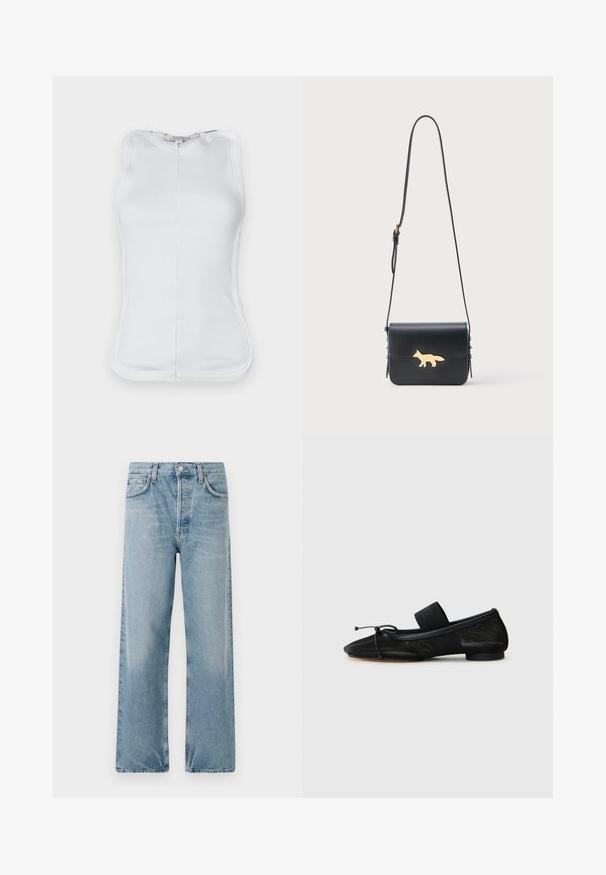 Hvid ærmeløs top lavet af ribbet bomulds-materiale, med et figursyet design, rund udskæring og synlige sømme langs siderne.; Lyseblå denimjeans med høj talje, bred benudskæring og fem lomme-design. Har en knaplukning og subtil falmning.; Sort flad sko med spids tå, lavet af tekstureret stof, med en sløjfeaccent og en lille, rund hæl. Elastisk rem ved anklen.; Sort læder skuldertaske med lang justerbar rem og guld silhuet af en ræv på forklappen.