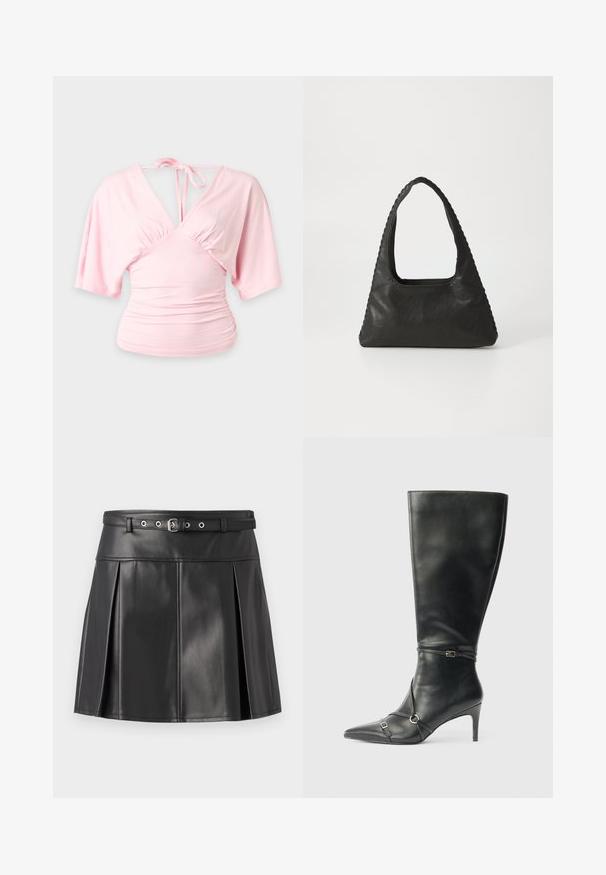 Light pink women's blouse with wide short sleeves, deep V-neck, ruched sides, and a tie closure at the back neckline.; Black pleated skirt made of faux leather, featuring a fitted waistband with a belt and silver hardware accents. Smooth texture.; Black leather knee-high boots with a slim heel, pointed toe, and strap detailing at the ankle. Smooth texture and fitted design.; Black leather handbag featuring a triangular shape, a large cut-out handle, and detailed stitching along the edges. Smooth texture.