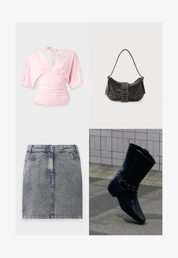 Light pink women's blouse with wide short sleeves, deep V-neck, ruched sides, and a tie closure at the back neckline.; Denim mini skirt in gray with a faded wash, featuring front pockets, a button closure, and a straight cut hem. Textured fabric.; Black leather ankle boot with pointed toe, buckle strap featuring silver studs, and a chunky heel. Smooth texture with minimalistic design.; Black leather shoulder bag with a buckle strap detail, curved edges, and contrasting white stitching on a plain background.