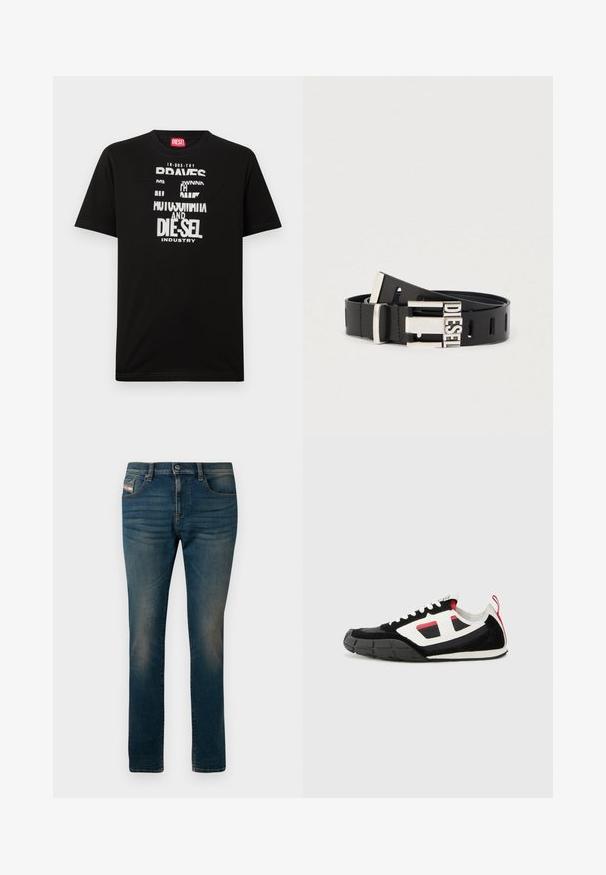 Μαύρο βαμβακερό T-shirt με έντονα λευκά γραφικά κειμένου, συμπεριλαμβανομένων των λέξεων "DIESEL" και "INDUSTRY", με στρογγυλή λαιμόκοψη και κοντά μανίκια.; Σκούρο μπλε τζιν από τζην ύφασμα, με πέντε τσέπες, κλείσιμο με κουμπί και ελαφρά φθορά κατά μήκος των μηρών για μια φθαρμένη εμφάνιση.; Diesel S PAGODHA LOW - Αθλητικά παπούτσια - black; Μαύρη δερμάτινη ζώνη με ασημί μεταλλική αγκράφα που φέρει τη λέξη «DIESEL». Η ζώνη διαθέτει αρκετές τρύπες ρύθμισης κατά μήκος της.