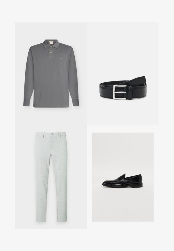 Polo gris à manches longues avec deux boutons, col classique et petit logo brodé en forme de bouclier sur la poitrine gauche.; Chinos gris clair avec une texture lisse, coupe ajustée, fermeture à boutons, et motif vertical côtelé subtil. Poches avant et passants pour ceinture inclus.; Mocassin en cuir noir avec une pointe arrondie, des coutures discrètes et une finition lisse. Doté d'un talon bas empilé et d'une sangle sur le cou-de-pied.; Ceinture en cuir noir avec une boucle en argent, design plat, texture lisse et couture contrastante le long du bord.