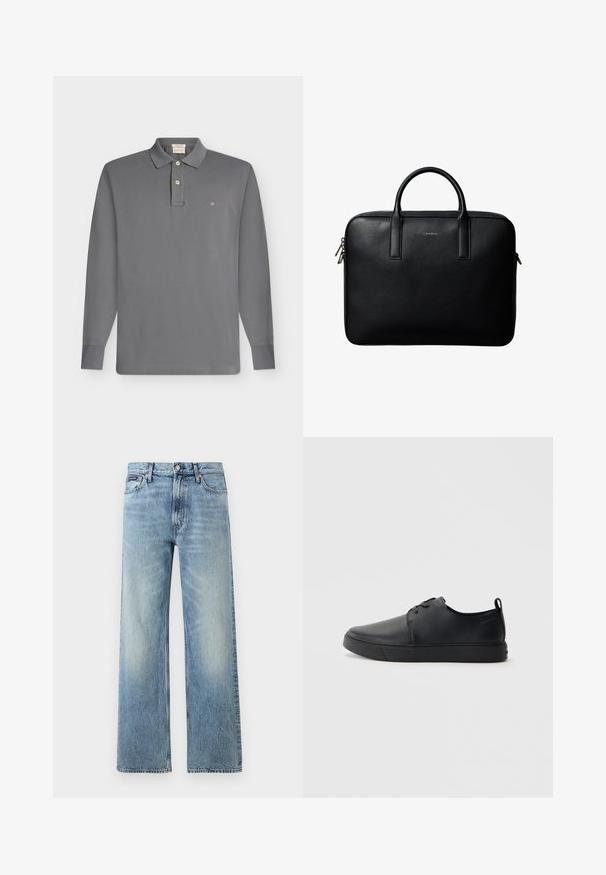 Polo gris à manches longues avec deux boutons, col classique et petit logo brodé en forme de bouclier sur la poitrine gauche.; Jean droit en denim bleu clair avec taille haute, cinq poches, fermeture à boutons et léger délavage sur les cuisses et les genoux.; Baskets en cuir noir avec une finition lisse, bout arrondi, coutures ton sur ton, devant à lacets et semelle plate en caoutchouc. Anse au talon.; Mallette en cuir noir texturé avec double poignées et tirettes de fermeture éclair argentées, centrée sur fond blanc.