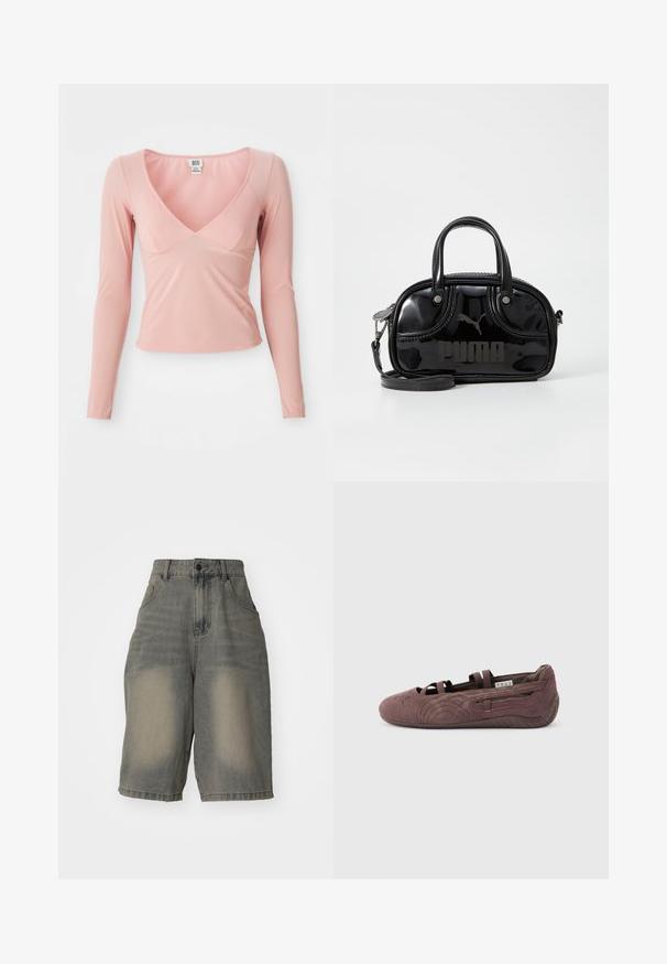 Langærmet lyserød bluse med en dyb V-hals, tætsiddende pasform og glat tekstur. Har diskrete sømme langs halsudskæringen og kanten.; Jaded London LIGHT WASH JUMBO JORTS - Denimshorts - light wash; Brun ruskinds balletsko med elastiske stropper og tekstureret sål, vist i profil mod en ensfarvet lys baggrund.; Sort lakeret håndtaske med dobbelte top-håndtag, aftagelig skulderrem, rund form og et fremtrædende præget "PUMA"-logo.