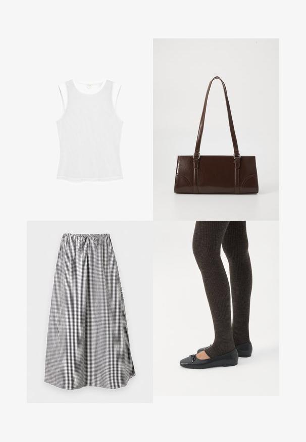 Haut blanc sans manches en tissu maille, avec un col rond et une coupe slim. Texture lisse, style minimaliste, sans motifs.; Jupe longue en ligne A avec motif vichy noir et blanc et taille élastique avec cordon de serrage.; Jambes portant des leggings côtelés foncés associés à des ballerines noires avec de petits détails en nœud sur fond blanc.; Sac à main en cuir verni marron de forme rectangulaire, avec deux longues poignées et des accents courbés subtils à l'avant.