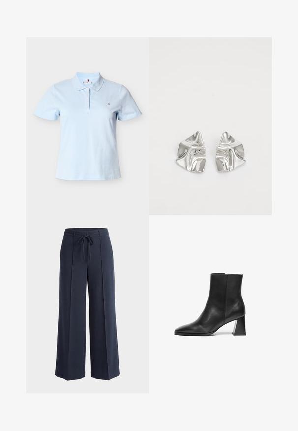 Polo bleu clair à manches courtes avec col, quatre boutons et un petit logo sur la poitrine gauche.; Pantalon ample bleu marine avec plis à l'avant et ceinture en tissu nouée à la taille sur un fond clair uni.; Bottine en cuir noir à bout pointu, avec un talon géométrique moyen et une texture lisse. Design simple sans quincaillerie visible ni accents.; Boucles d'oreilles en métal argenté avec un design ondulé et sculptural, présentant une finition polie et des formes irrégulières, mettant en valeur une esthétique contemporaine.