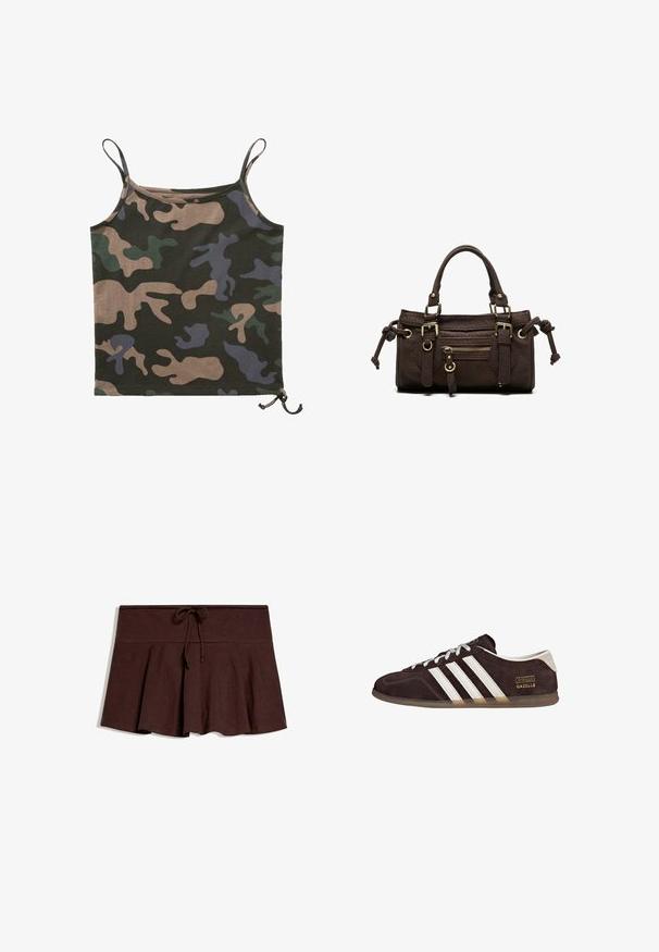 Brandit Top - darkcamo; Dunkelbrauner, plissierter Rock mit breitem Bund und Kordelzug in der Mitte vorne, flach auf weißem Hintergrund liegend.; Braune Wildleder-Sneaker mit drei weißen Streifen, Gummisohle und Textlabel "Gazelle" in Gold. Schnürdesign mit grauen Schnürsenkeln.; Dunkelbraune Lederhandtasche mit doppelten Griffen, vorderer Reißverschlusstasche, dekorativen Schnallen und seitlichen Knoten auf weißem Hintergrund.