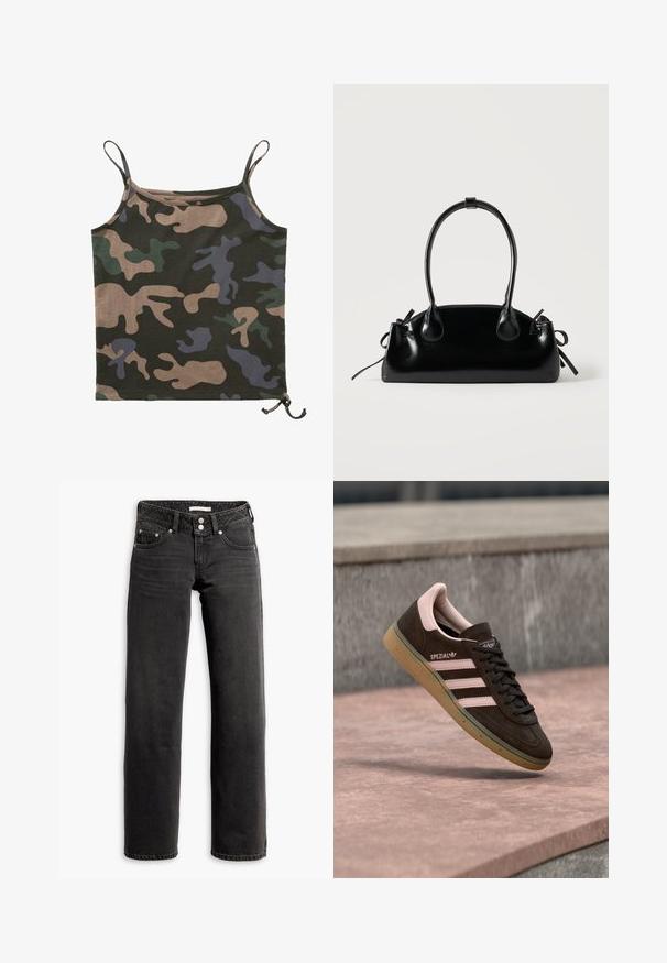 Brandit Top - darkcamo; Schwarze gerade Jeans mit Front- und Gesäßtaschen, Gürtelschlaufen und Doppelknopfverschluss an der Taille.; Dunkelbrauner Veloursleder-Sneaker mit pinkfarbenen Akzenten, drei pinken Streifen, einer strukturierten Sohle und einem Logo an der Seite. Klassisches Low-Profile-Design.; Kleine schwarze glänzende Handtasche mit zwei langen Griffen und seitlichen Kordelzug-Details vor einfachem hellem Hintergrund.