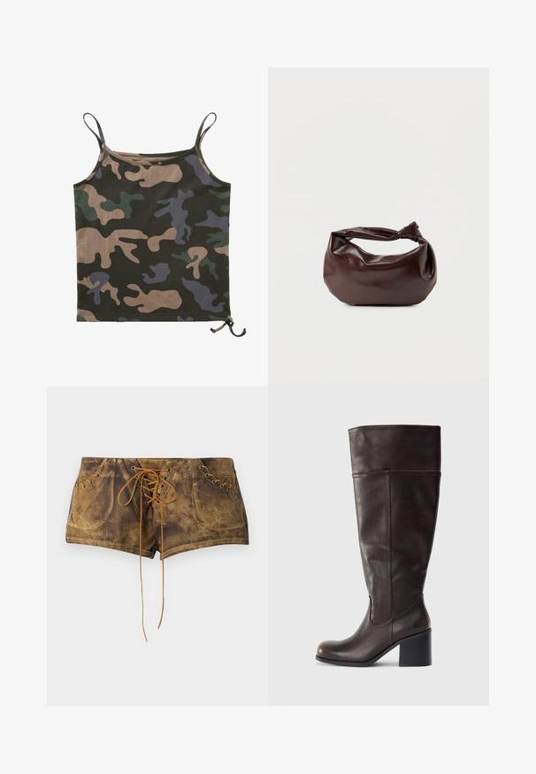 Brandit Top - darkcamo; Braune Schnürshorts mit strukturiertem Oberflächendesign und kontrastierenden sandfarbenen Schnürsenkeln. Verfügt über Ösen und ein tailliertes Design für eine enganliegende Passform.; Braune Lederkniehohe Stiefel mit abgerundeter Spitze und gestapeltem Absatz. Merkmale sind eine glatte Oberfläche und seitliche Nähte.; Dunkelbraune Lederschultertasche mit weicher, lockerer Form und einem gedrehten Knotengriff vor schlichtem weißem Hintergrund.
