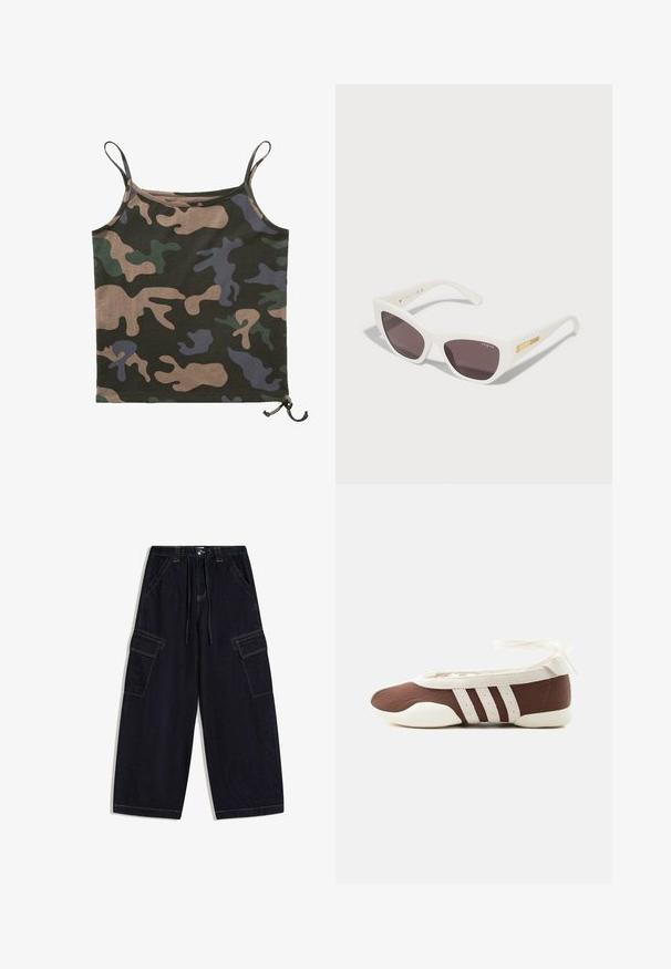 Brandit Top - darkcamo; Dunkle Jeans-Cargohosen mit weitem Bein, vorderen Taschen, seitlichen Klappentaschen, Knopfverschluss und Kordelzugbund.; Brauner und weißer Ballerinaschuh mit drei weißen Streifen und einer Schleife zum Binden am Knöchel auf einem schlichten hellen Hintergrund.; Weiße Plastiksonnenbrille mit dunklen Gläsern, winkeliger Cat-Eye-Form, goldener Akzent am Rahmen, mit "Vogue"-Logo in Silber.