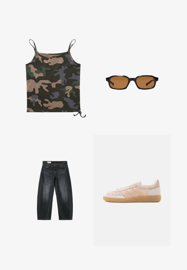 Brandit Top - darkcamo; Schwarze, weit geschnittene, verkürzte Jeans mit vorderen Taschen, Knopfleiste und dezenten Verblassungsdetails an Oberschenkeln und Knien.; Beiger Adidas Low-Top-Sneaker mit gewebtem Obermaterial, Gummisohle in Kautschukoptik und drei charakteristischen Streifen an der Seite.; Schwarze rechteckige Sonnenbrille mit dickem Rahmen und braunen getönten Gläsern, von vorne auf weißem Hintergrund gezeigt.