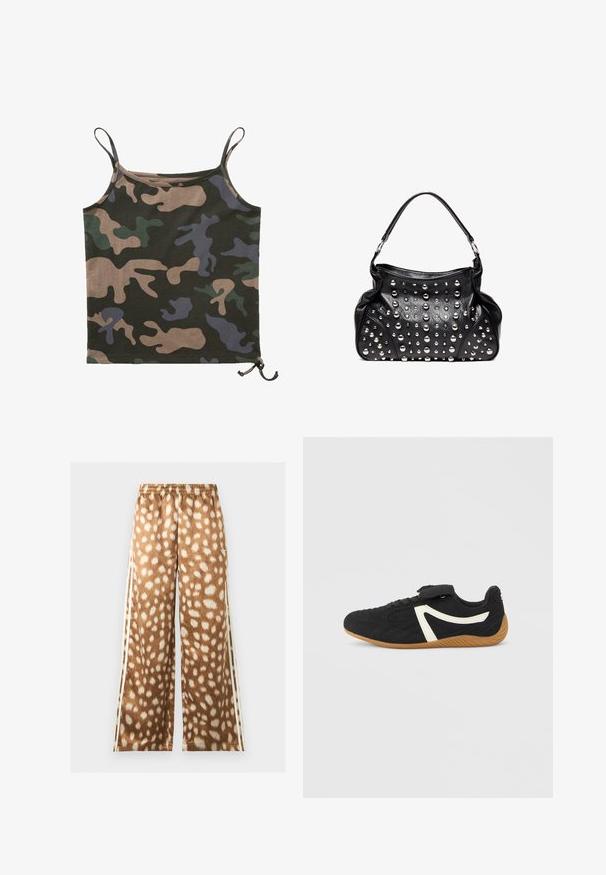 Brandit Débardeur - darkcamo; Pantalon à jambes larges avec imprimé cerf beige et blanc, taille élastique et bandes blanches sur les côtés.; Chaussure de sport noire à surface texturée, accent blanc, fermeture à lacets et velcro, semelle en caoutchouc gomme. Design mi-montant avec bout arrondi.; Sac à main en cuir noir avec une poignée unique, décoré de multiples clous en argent de différentes tailles sur la surface avant.