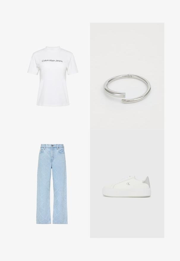 Hvid bomulds-T-shirt med rund hals og korte ærmer, med teksten "Calvin Klein Jeans" i sort tryk på tværs af brystet.; Lyseblå denimjeans med høj talje og vide ben, med et diskret diamantquiltet mønster over det hele.; Hvide lærredssneakers med en tyk hvid sål, prydet med en metallic sølvaccent på hælen og en diskret logo-detalje på siden.; Calvin Klein SPIRAL - Armbånd - silver-coloured