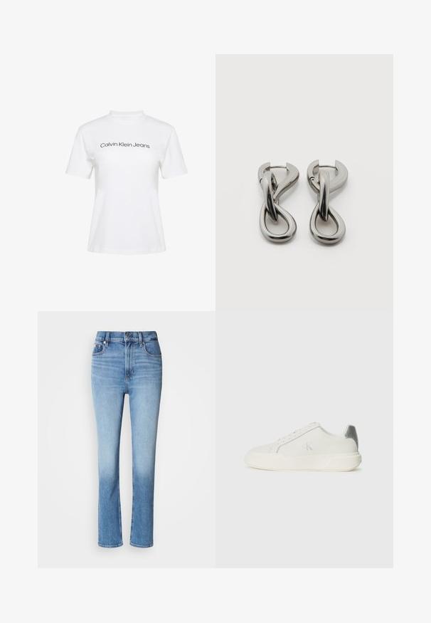 Weißes Baumwoll-T-Shirt mit Rundhalsausschnitt und kurzen Ärmeln, bedruckt mit dem Schriftzug "Calvin Klein Jeans" in schwarzer Schrift quer über der Brust.; Blaue Jeans aus Denim mit hoher Taille, gerader Beinführung, verblasstem Farbverlauf und fünf Taschen. Metallknopf- und Reißverschluss.; Weißer Sneaker aus Leder mit glatter Textur, ausgestattet mit einem silbernen Akzent an der Ferse, flacher Sohle und minimalistischem Design.; Paar silberfarbene Metallohrringe mit abstraktem ineinandergreifendem Schlaufen-Design auf weißem Hintergrund.