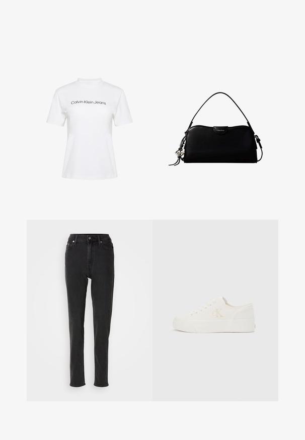 Weißes Baumwoll-T-Shirt mit Rundhalsausschnitt und kurzen Ärmeln, bedruckt mit dem Schriftzug "Calvin Klein Jeans" in schwarzer Schrift quer über der Brust.; Schwarze, hoch taillierte Denim-Jeans mit schlanker Passform, ausgestattet mit Knopfverschluss, Gürtelschlaufen und kontrastierenden Nähten. Glatte Textur, keine sichtbaren Muster.; Weißer Sneaker mit niedrigem Schaft, dicker Sohle und seitlichem "cK"-Logo, Schnürung vorne und minimalistischem Design auf neutralem Hintergrund.; Schwarze, rechteckige Calvin Klein Handtasche mit einem einzelnen Tragegriff oben, silbernem Logo-Anhänger und kleinem Klappverschluss auf der Vorderseite.