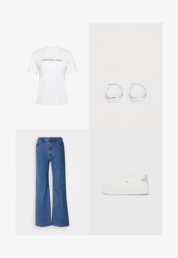 Camiseta blanca de algodón con cuello redondo y mangas cortas, con el texto "Calvin Klein Jeans" impreso en negro en el pecho.; Jeans de pierna ancha en denim azul medio, con una cintura alta, bolsillos frontales y un detalle de parche desgastado en la rodilla izquierda.; Zapatillas de lona blancas con una suela blanca gruesa, presentan un acento metálico plateado en el talón y un sutil detalle del logo en el lateral.; Pendientes de aro de plata con un acabado pulido y la marca DKNY, exhibidos sobre un fondo blanco liso.