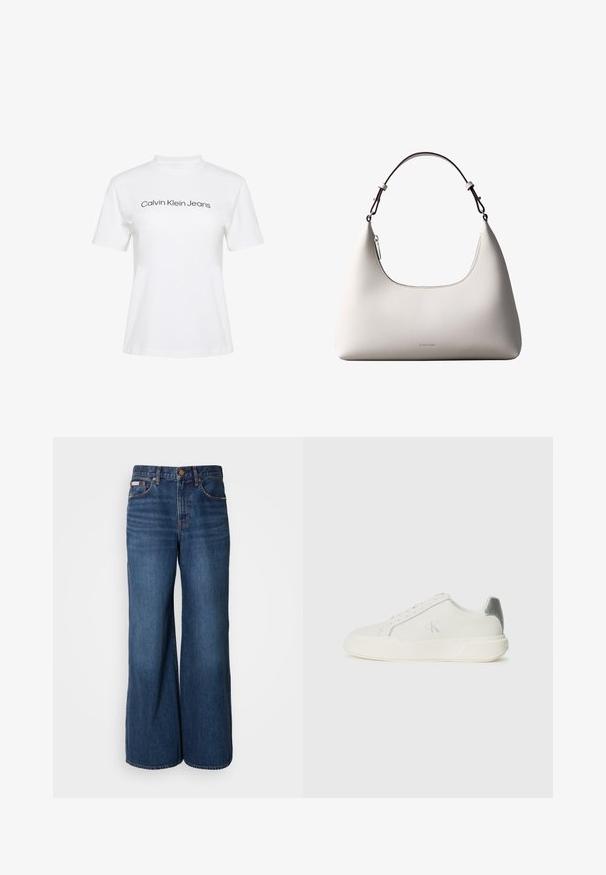 Hvid bomulds-T-shirt med rund hals og korte ærmer, med teksten "Calvin Klein Jeans" i sort tryk på tværs af brystet.; Bredde jeans lavet af mørkeblåt denim. Funktioner inkluderer en høj talje, fem lommer og kontrasterende orange syninger langs sømmene.; Hvide sneakers lavet af læder med en glat tekstur, forsynet med en sølvaccent på hælen, flad sål og minimalistisk design.; Cremefarvet skuldertaske i læder fra Calvin Klein med buet topkant, sølvfarvet lynlås og mørkebrun justerbar rem.