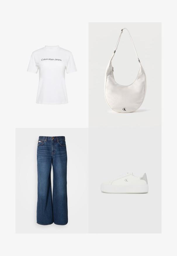 Hvid bomulds-T-shirt med rund hals og korte ærmer, med teksten "Calvin Klein Jeans" i sort tryk på tværs af brystet.; Bredde jeans lavet af mørkeblåt denim. Funktioner inkluderer en høj talje, fem lommer og kontrasterende orange syninger langs sømmene.; Hvide lærredssneakers med en tyk hvid sål, prydet med en metallic sølvaccent på hælen og en diskret logo-detalje på siden.; Hvid skuldertaske i halvmåneform med justerbar rem og sort "cK"-logo nær bunden i midten på ensfarvet baggrund.