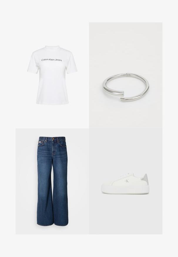 Hvid bomulds-T-shirt med rund hals og korte ærmer, med teksten "Calvin Klein Jeans" i sort tryk på tværs af brystet.; Bredde jeans lavet af mørkeblåt denim. Funktioner inkluderer en høj talje, fem lommer og kontrasterende orange syninger langs sømmene.; Hvide lærredssneakers med en tyk hvid sål, prydet med en metallic sølvaccent på hælen og en diskret logo-detalje på siden.; Calvin Klein SPIRAL - Armbånd - silver-coloured