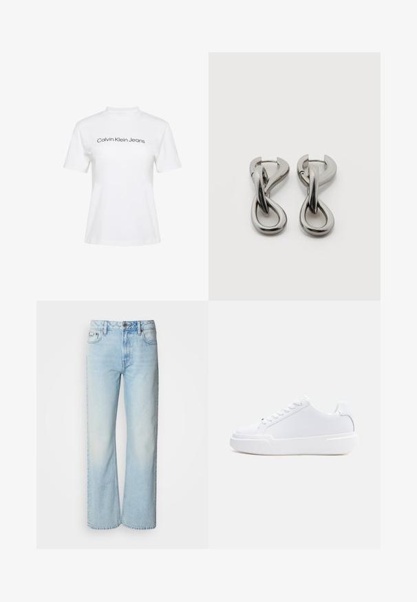 Hvid bomulds-T-shirt med rund hals og korte ærmer, med teksten "Calvin Klein Jeans" i sort tryk på tværs af brystet.; Lyseblå brede jeans lavet af denim med et klassisk fem-lomme design og en subtil falmet tekstur. Denim-syninger er synlige.; Hvid lavtop-sneaker med snørelukning, tyk sål og glat overdel, vist fra ydersiden mod en ensartet lys baggrund.; Par af sølvtonede metale øreringe med abstrakt sammenflettet løbedesign på hvid baggrund.