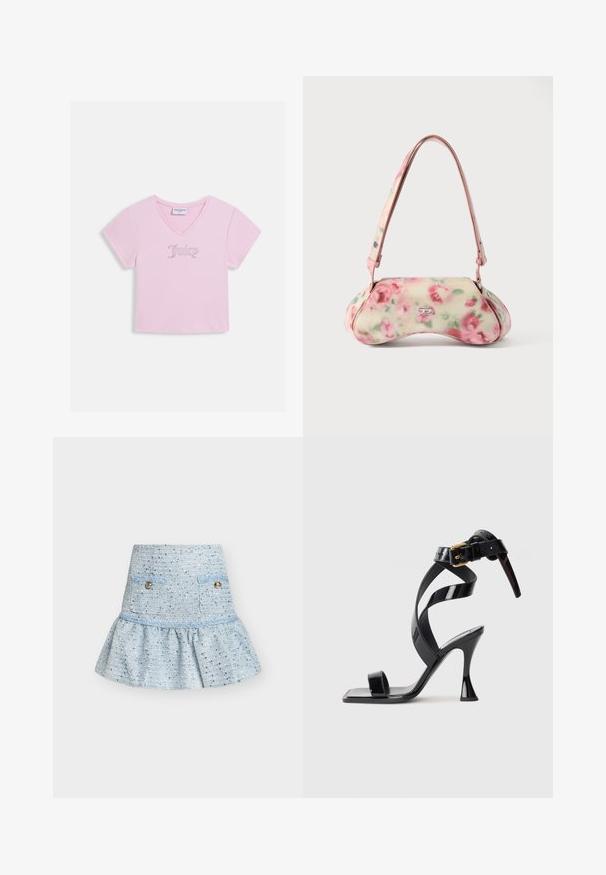 Ανοιχτό ροζ crop top με κοντά μανίκια και V-λαιμόκοψη, με την επιγραφή «Juicy» από στρας στο κέντρο του στήθους.; Μίνι φούστα από γαλάζιο τουίντ με καμπυλωτό τελείωμα, δύο μπροστινές τσέπες και χρυσά κουμπιά.; Μαύρο παπούτσι από πατενταρισμένο δέρμα με ψηλή φτέρνα, τετράγωνη μύτη, λουρί στον αστράγαλο και χρυσό κούμπωμα σε άσπρο φόντο.; Τσάντα με floral σχέδιο και καμπύλο σχήμα, κυρίως εκρού με ροζ τριαντάφυλλα, με ροζ λουράκι και ασημένια διακοσμητική λεπτομέρεια με λογότυπο. Ομαλή υφή.