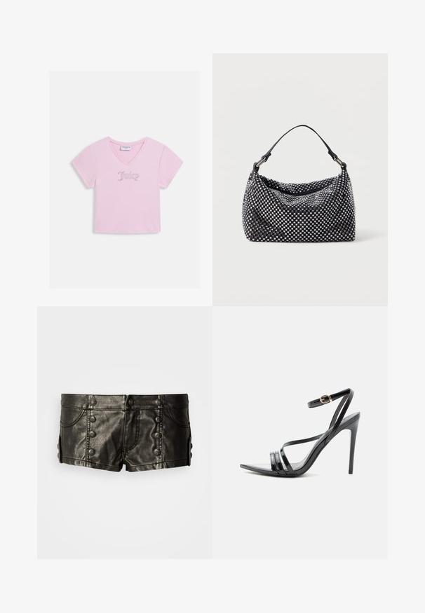 Ανοιχτό ροζ crop top με κοντά μανίκια και V-λαιμόκοψη, με την επιγραφή «Juicy» από στρας στο κέντρο του στήθους.; Μαύρο δερμάτινο σορτς χαμηλής μέσης με διακοσμητικά μεταλλικά κουμπιά μπροστά και στις πλευρές, με μπροστινές τσέπες και ραφές λεπτομερειών.; Μαύρο σανδάλι με ψηλό τακούνι και λεπτά λουράκια πάνω από τα δάχτυλα και τον αστράγαλο, με χρυσή αγκράφα σε λεπτό τακούνι στιλέτο.; Μαύρη και ασημί τσάντα χειρός με υφαντή, υφασματική επιφάνεια που διαθέτει τετράγωνα σχέδια, μία ενιαία λαβή στην κορυφή και χαλαρή σχεδίαση.