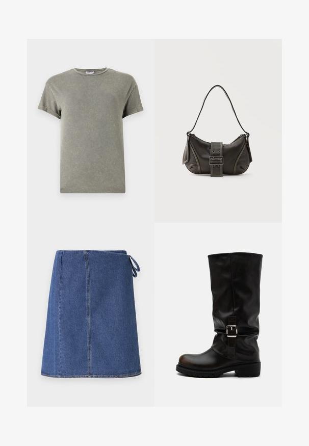 Camiseta verde desvanecida, de manga corta, con cuello redondo, material de algodón suave, textura ligeramente desgastada, corte casual.; Falda envolvente de mezclilla en azul oscuro. Presenta un corte recto, costuras visibles y un lazo lateral para ajuste. Textura suave y dobladillo estándar.; Bota alta de piel negra con punta redondeada, tacón bajo, correa con hebilla lateral y caña ligeramente caída sobre fondo blanco.; Bolso de hombro de cuero negro con detalle de correa con hebilla, bordes curvos y costuras blancas en contraste sobre un fondo liso.
