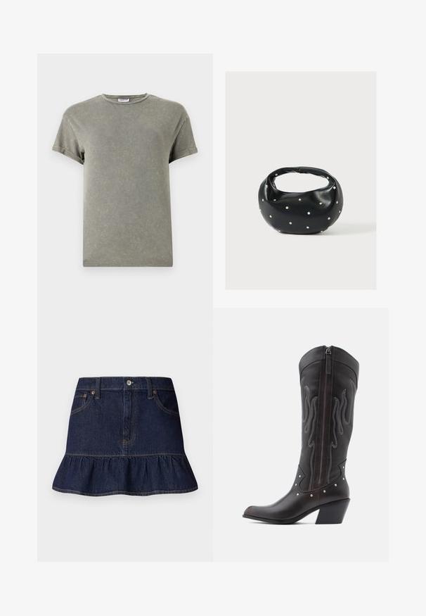 Ausgeblichendes grünes T-Shirt, kurze Ärmel, runder Ausschnitt, weiches Baumwollmaterial, leicht abgenutzte Textur, lässige Passform.; Dunkelblaue Denim-Rock mit Rüschensaum, Fünf-Taschen-Design, Gürtelschlaufen und einer vorderen Knopfleiste. Glatte Textur und gerader Schnitt.; Braune Cowboy-Stiefel aus Leder mit Flammenstickerei, seitlichem Reißverschluss, silbernen Nieten, spitzer Zehenpartie und geschichtetem Absatz.; Schwarze Lederhandtasche mit abgerundeter Form, verziert mit silbernen Nietenakzenten und kurzem Griff. Glatte Struktur und Reißverschlussverschluss.