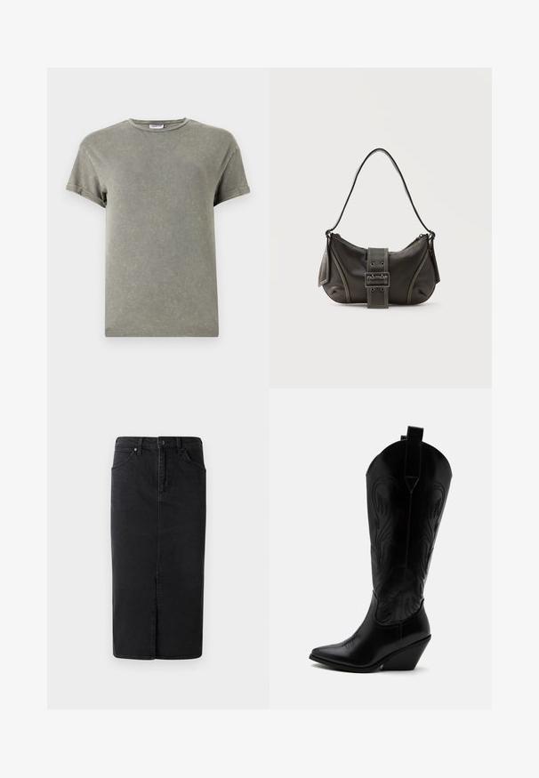 Ausgeblichendes grünes T-Shirt, kurze Ärmel, runder Ausschnitt, weiches Baumwollmaterial, leicht abgenutzte Textur, lässige Passform.; Schwarzer Denim-Rock, knielang mit einem vorderen Schlitz. Hat eine taillierte Taille, traditionelles Fünf-Taschen-Design und Gürtelschlaufen. Glatte Textur.; Schwarzer Leder-Cowboystiefel mit spitzer Zehe, schrägem Blockabsatz, dekorativer Naht und Zuglaschen oben vor weißem Hintergrund.; Schwarze Leder-Schultertasche mit Schnallengurt-Detail, abgerundeten Kanten und kontrastierenden weißen Nähten auf schlichtem Hintergrund.
