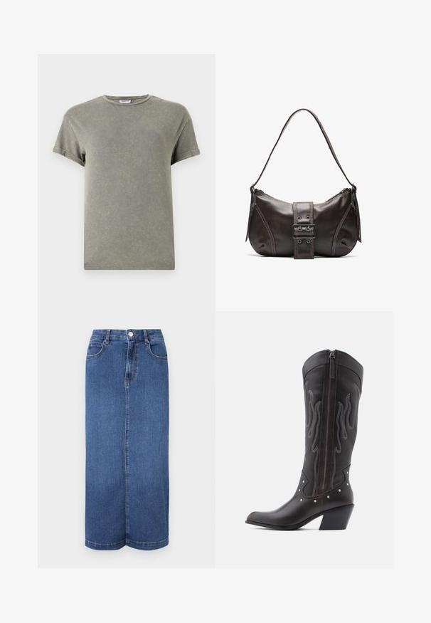 Ausgeblichendes grünes T-Shirt, kurze Ärmel, runder Ausschnitt, weiches Baumwollmaterial, leicht abgenutzte Textur, lässige Passform.; Maxi-Rock aus Denim in Dunkelblau, mit geradem Schnitt, Bund mit Knopfverschluss und minimalistischen Nähten.; Braune Cowboy-Stiefel aus Leder mit Flammenstickerei, seitlichem Reißverschluss, silbernen Nieten, spitzer Zehenpartie und geschichtetem Absatz.; Braune Lederumhängetasche mit gebogener Form, die mit einem auffälligen Schnallendetail, kontrastierenden Nähten und einem einzigen Schulterriemen ausgestattet ist.