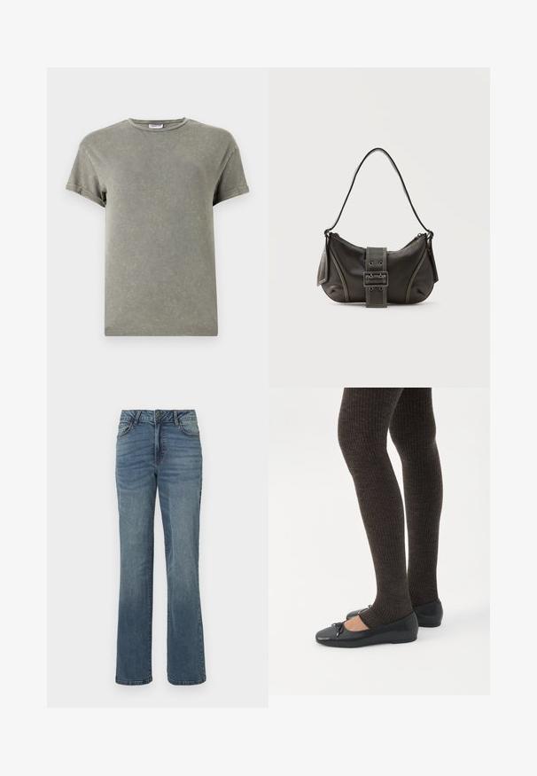 Vyblednuté zelené tričko, krátke rukávy, okrúhly výstrih, mäkký bavlnený materiál, mierne opotrebovaný vzhľad, ležérny strih.; Modré džíny rovného strihu s predným zapínaním na gombík a zips, prednými a zadnými vreckami a jemným vyblednutím.; Nohy v tmavých pásikavých legínach v kombinácii s čiernymi balerínkami s malými mašličkami na bielom pozadí.; Čierna kožená kabelka cez rameno s detailom prackového popruhu, zaoblenými okrajmi a kontrastným bielym prešívaním na jednoduchom pozadí.