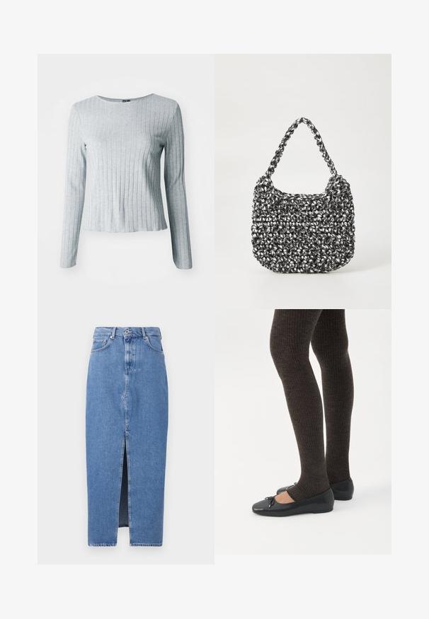 Haut à manches longues gris côtelé avec un col rond, fabriqué en tissu doux et texturé ; présente un ourlet légèrement évasé pour un ajustement décontracté.; Jupe midi en denim bleu clair avec une fente avant, design classique à cinq poches et fermeture par bouton supérieur. Le tissu présente une légère texture.; Jambes portant des leggings côtelés foncés associés à des ballerines noires avec de petits détails en nœud sur fond blanc.; Sac en osier noir et blanc de forme arrondie, avec une surface texturée et une poignée tressée. Convient à un usage décontracté.