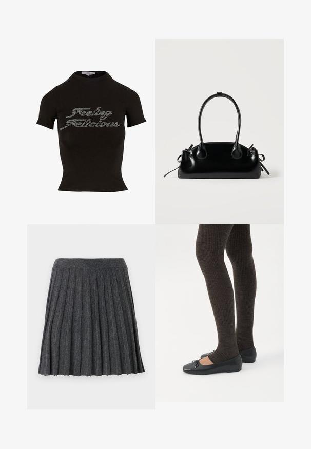 Zwarte T-shirt met korte mouwen en een hoge hals, met steentjes text die "Feeling Flicious" op de voorkant leest. Zacht materiaal.; Vero Moda Knitted VMMARINA Short - Minirok - dark grey; Benen met donkere geribbelde leggings gecombineerd met zwarte ballerina's met kleine strikdetails op een witte achtergrond.; Kleine zwarte glanzende handtas met twee lange hengsels en zijkant trekkoord details op een effen lichte achtergrond.