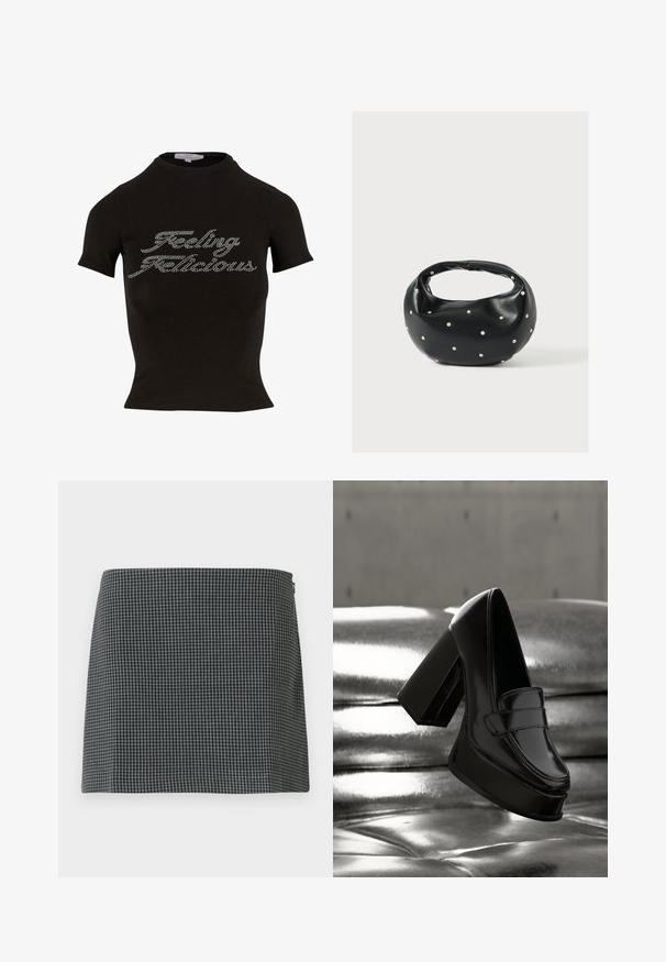 Zwarte T-shirt met korte mouwen en een hoge hals, met steentjes text die "Feeling Flicious" op de voorkant leest. Zacht materiaal.; Zwart-wit geblokte rok gemaakt van stof met een gladde textuur. Heeft een rechte silhouette en een ritssluiting aan de zijkant.; Zwarte lakleren plateau loafer met stevige blokhak zwevend boven een glanzend metalen getufte oppervlak.; Zwarte leren handtas met een afgeronde vorm, versierd met zilveren studs, en een korte handgreep. Gladde textuur en ritsluiting.